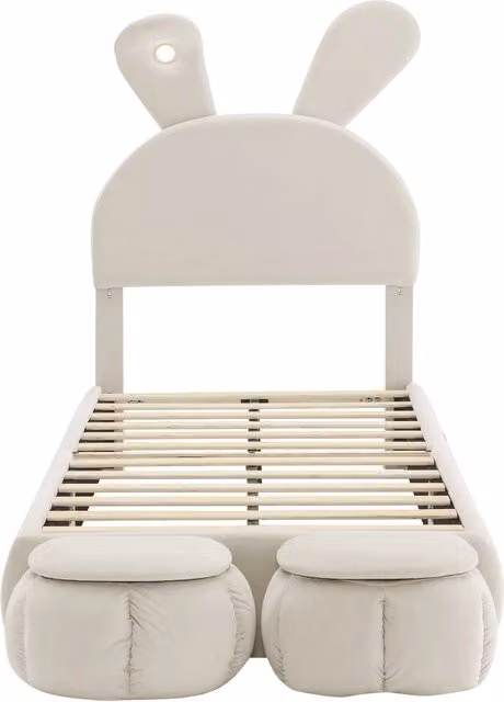 Letto singolo imbottito in velluto beige con orecchie a coniglio e luce LED regolabile, 90x200 cm, con 2 pouf contenitori