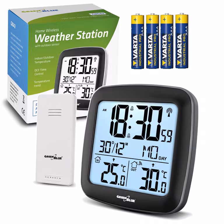 Stazione meteo wireless GreenBlue con allarme calendario DCF GB542 + 4x batterie alcaline AAA Varta Industrial