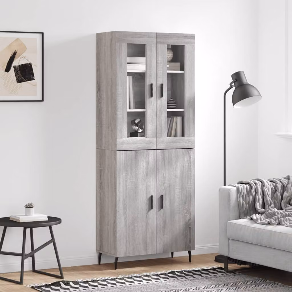 Credenza vidaXL Grigio Sonoma con ante in vetro e ripiani interni, L: 69,5 cm, P: 34 cm, H: 180 cm