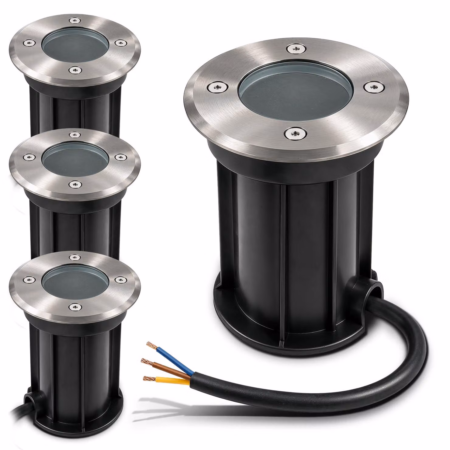 Set di 4 faretti da incasso a pavimento, attacco GU10, grado di protezione IP67, adatti al passaggio di veicoli, forma rotonda, finitura spazzolata