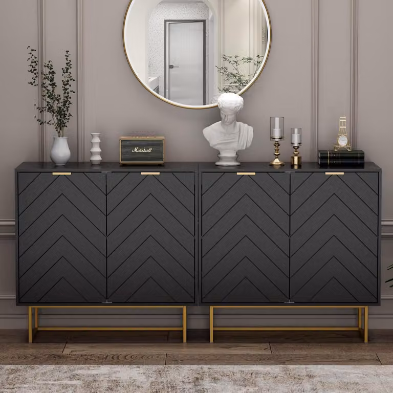 Mobile contenitore a 2 ante, dimensioni 160x40x77,5 cm, colore nero. Composto da una credenza con 4 ante e ripiani regolabili
