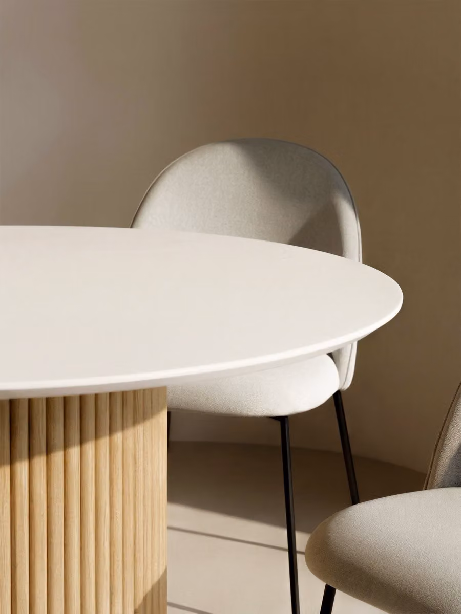 Tavolo da pranzo rotondo Kimma Kenay Home in microcemento bianco e impiallacciatura di rovere, Diametro: 120 cm, Altezza: 76 cm – 2