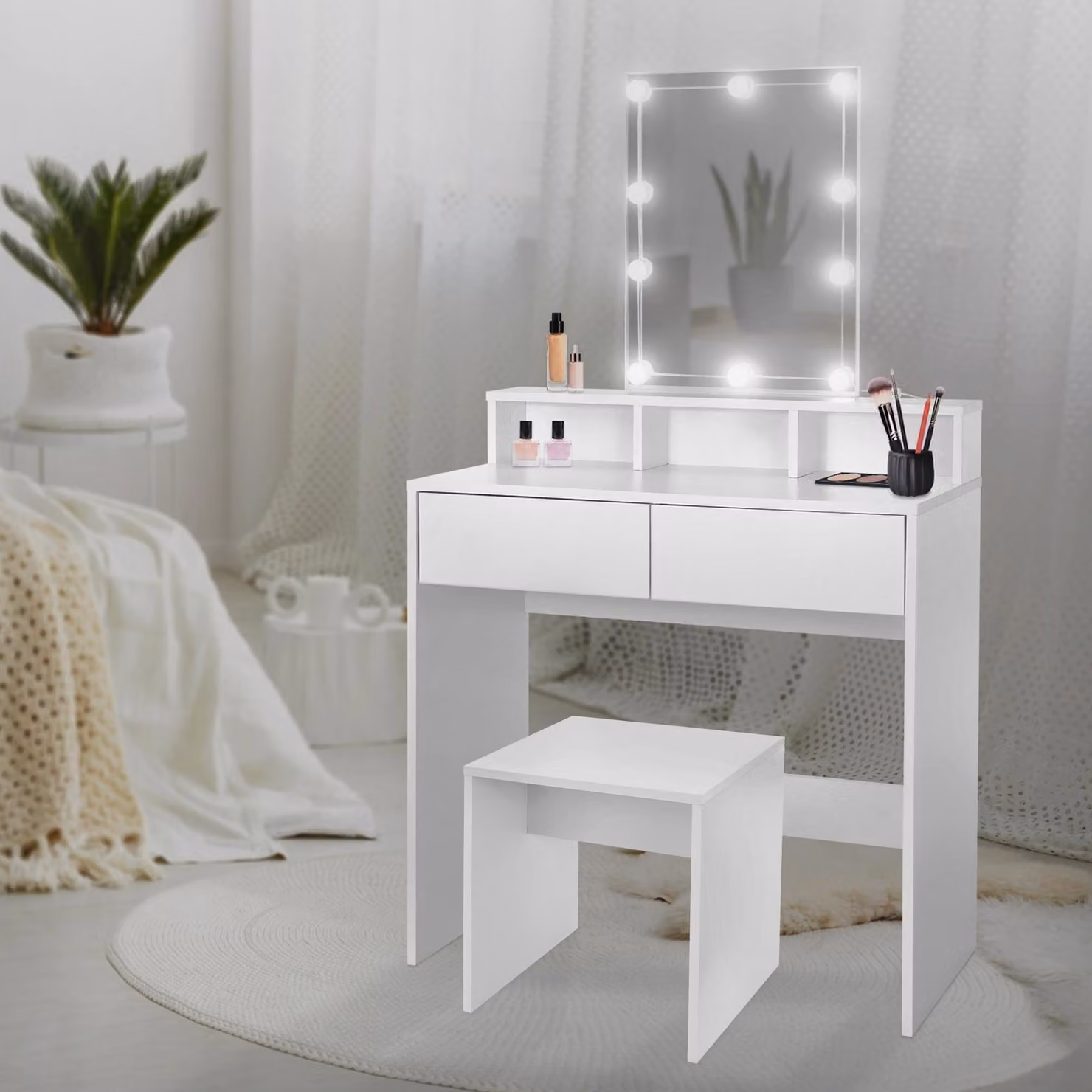 ML-Design, tavolino da toilette con illuminazione LED, tavolino da toilette con sgabello, specchio, 2 cassetti, 80x40x140 cm, bianco, tavolino da trucco con 3 vani a giorno