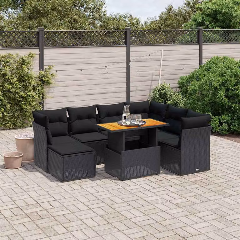 vidaXL Set Divani da Giardino a L in Polyrattan Nero con Cuscini e Tavolino da Esterno 8 pz