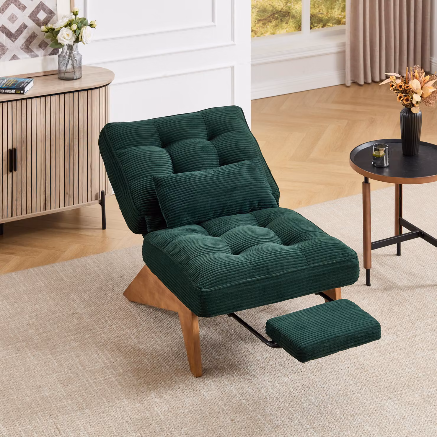 LVHOM Poltrona relax con funzione reclinabile, poltrona lounge con schienale regolabile, poltrona da terra in tessuto a coste e legno massiccio, per soggiorno, ufficio, verde