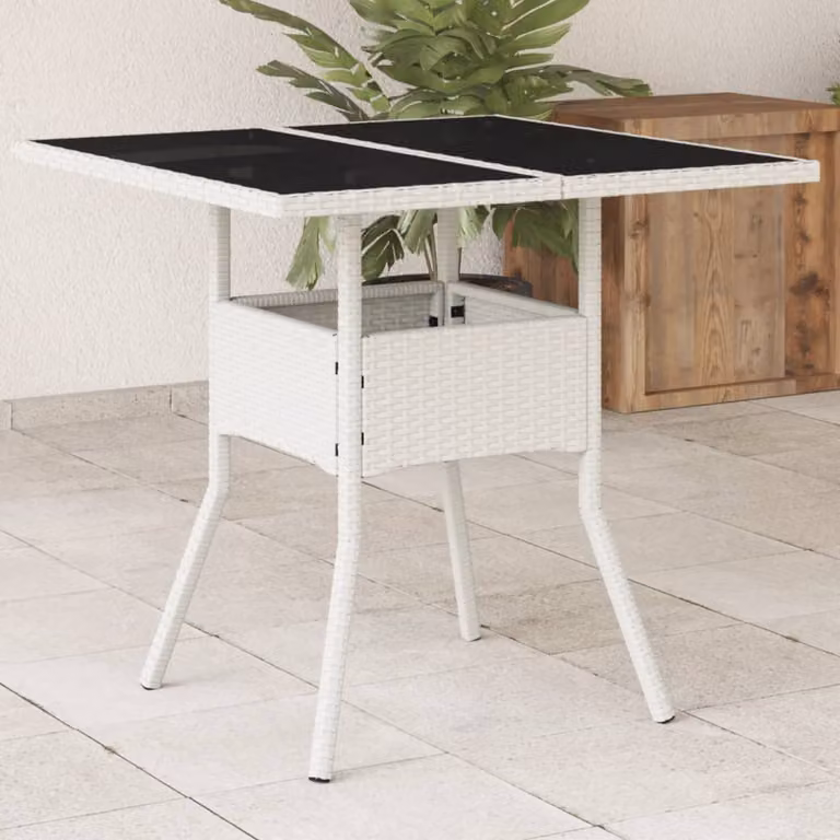 Tavolo da giardino moderno vidaXL in polyrattan bianco con piano in vetro L: 80 cm, P: 80 cm, H: 75 cm