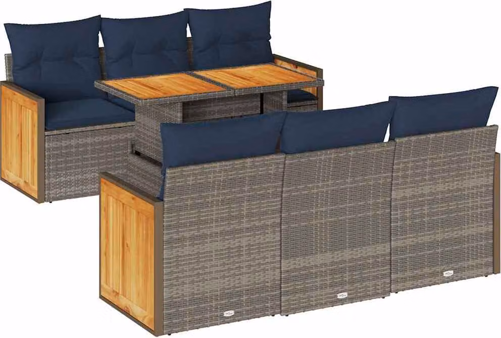 Set Divani da Giardino 7pz con Cuscini Grigio Polyrattan Acacia
