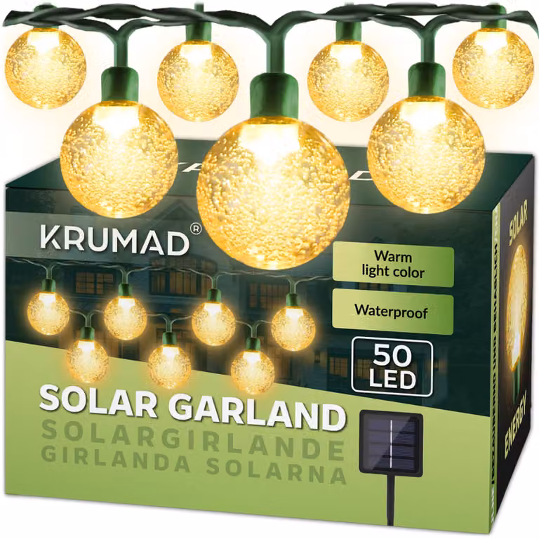 Catena luminosa solare con 50 LED, lunghezza 7 metri, luce bianco caldo, grado di protezione IP65, resistente alle intemperie
