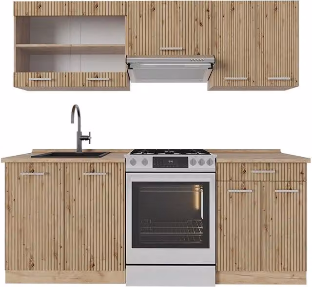 Cucina componibile moderna R-Line Vicco in rovere con ante in vetro, L: 200 cm, P: 60 cm
