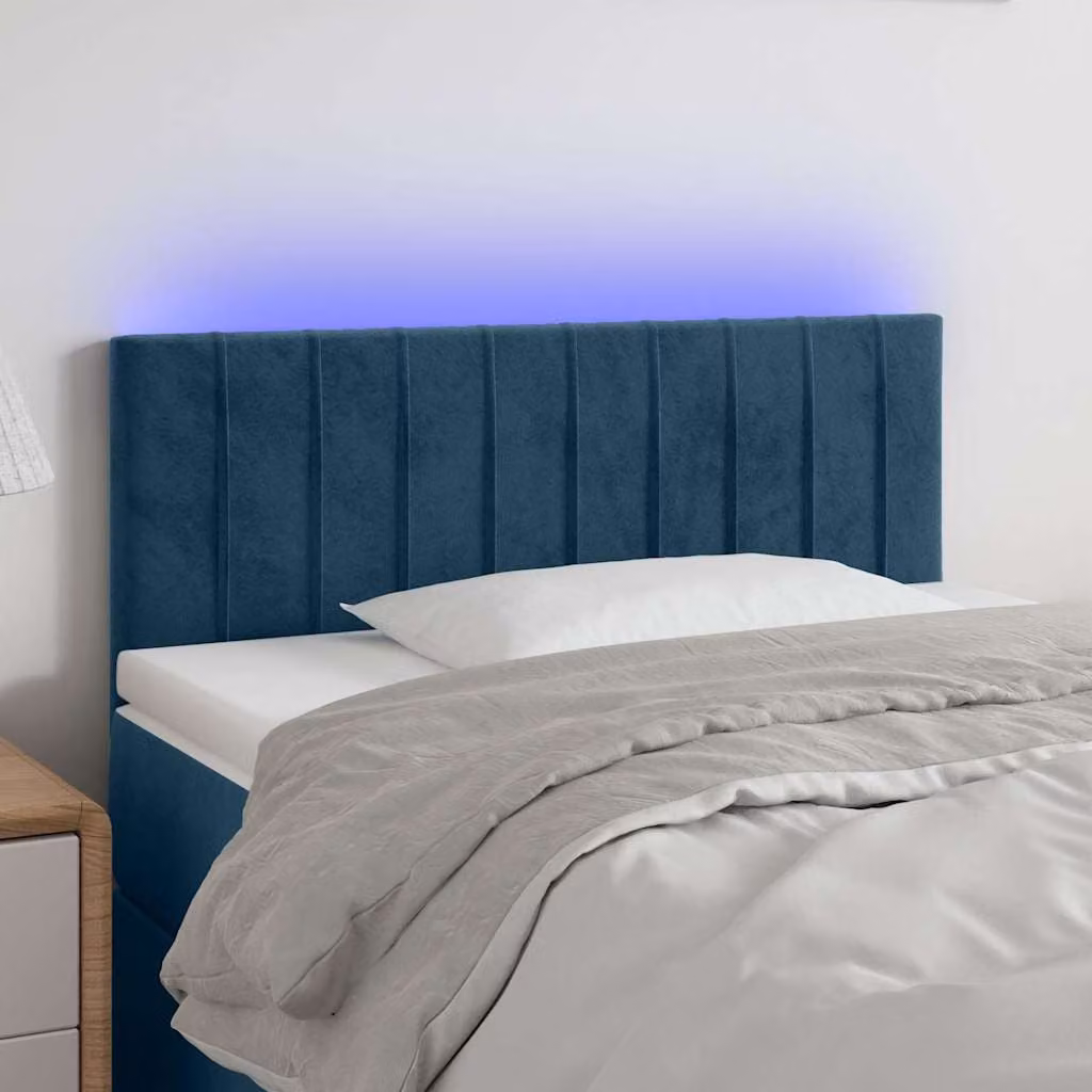 Testiera per letto vidaXL in velluto blu scuro con illuminazione LED e porta di ricarica USB, L: 80 cm, P: 5 cm, H: 78-88 cm