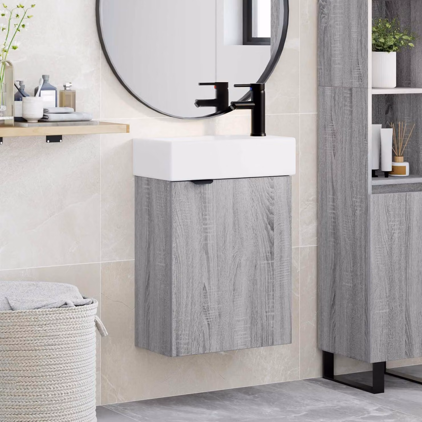 Mobile bagno con rubinetto vidaXL in stile moderno, colore grigio, L 45,5 cm x P 22,5 cm x H 84 cm
