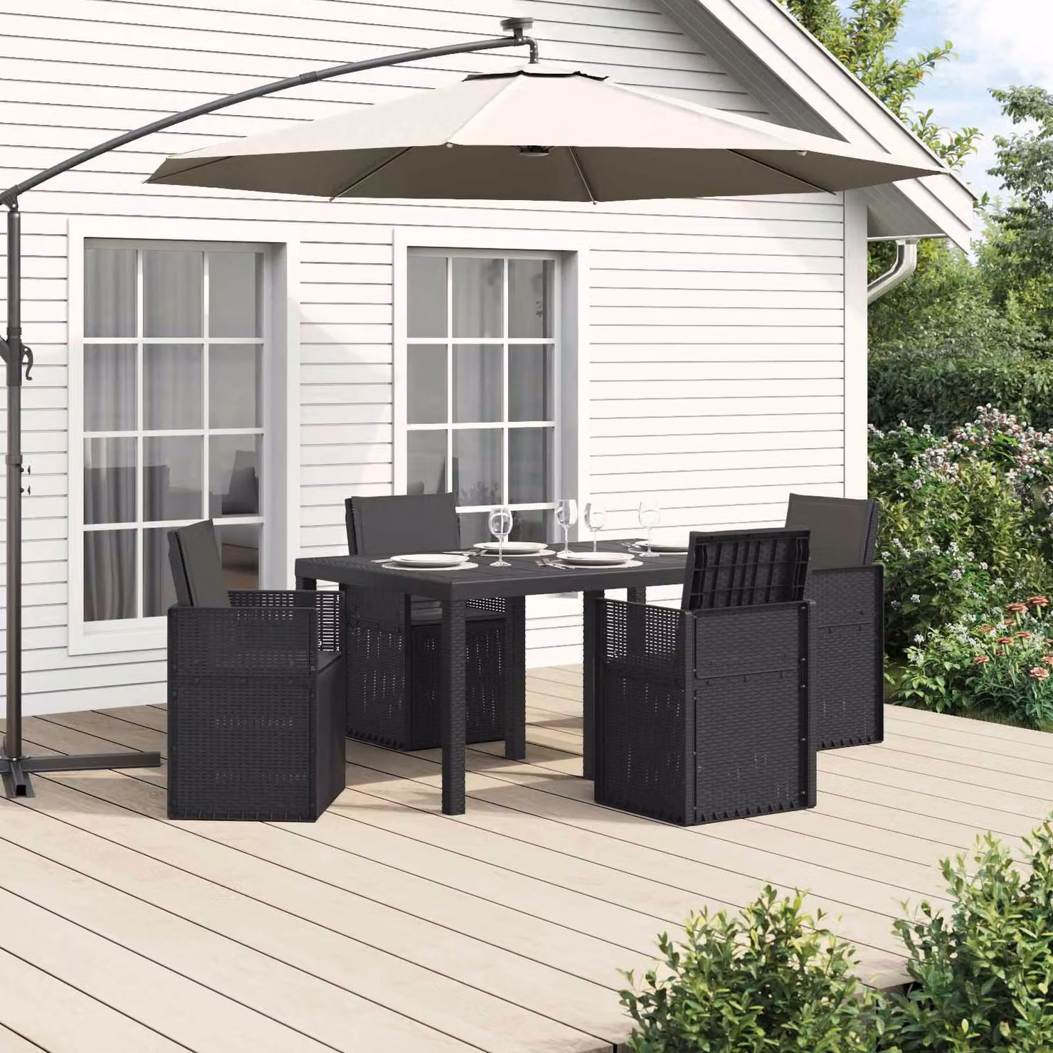 Set da pranzo per giardino e terrazzo vidaXL in plastica antracite, composto da 5 pezzi con tavolo rettangolare e sedie