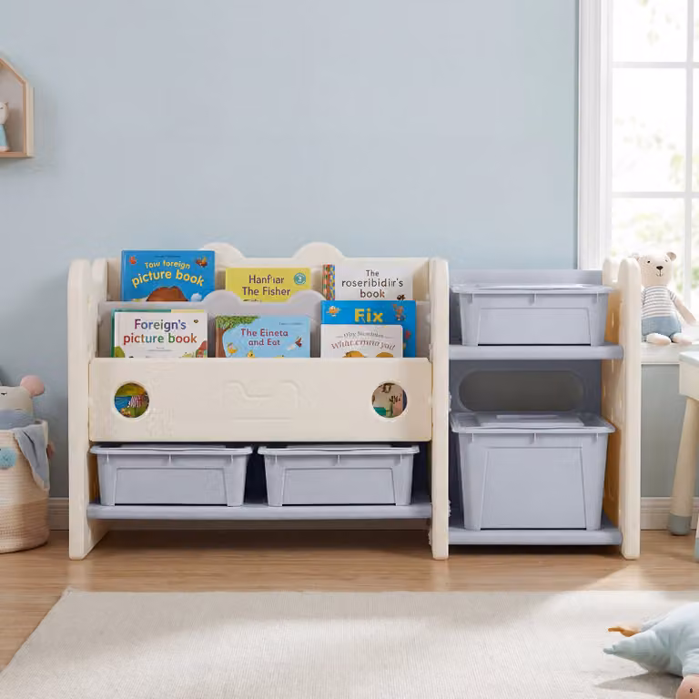 Libreria per bambini Costway 2 in 1 con 3 ripiani e 4 scatole portaoggetti, organizzatore per libri e giocattoli tema gatto, bianco e grigio