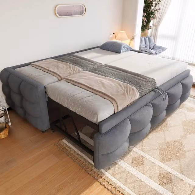 Letto estraibile imbottito 90/180 x 190 cm in velluto Teddy grigio