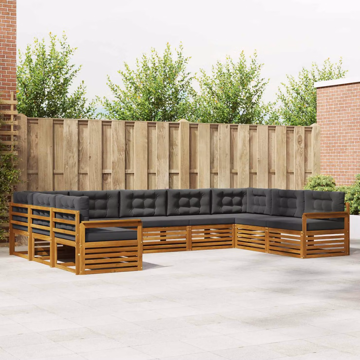 vidaXL Set di divani da esterno a forma di U composto da 9 pezzi in legno di acacia con cuscini, colore beige e antracite