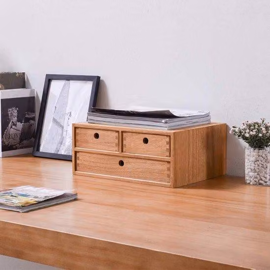 Organizzatore da scrivania Unyqoos® in legno massello, con 3 cassetti, ideale per l'ufficio e per riporre gioielli, finitura naturale, dimensioni 35 x 27 x 14 cm