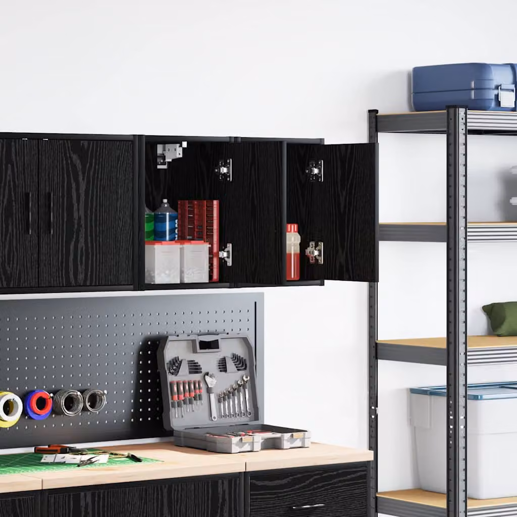 Set di 2 pensili da garage vidaXL in legno e MDF neri con ante a battente e ripiani interni, modello industriale da appendere al muro
