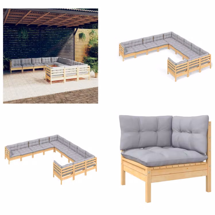 vidaXL set salotto da giardino 11 pezzi con cuscini grigi in legno di pino - Set salotto da giardino - Set salotto da giardino - Set mobili da giardino - Set mobili da giardino