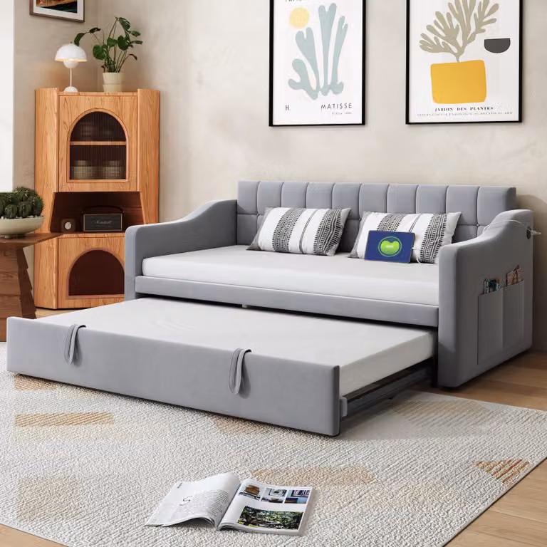 MODFU Divano letto 90x190, letto da giorno senza materasso con letto estraibile e porte di ricarica USB, letto da giorno 2in1 con tasca portaoggetti, grigio chiaro