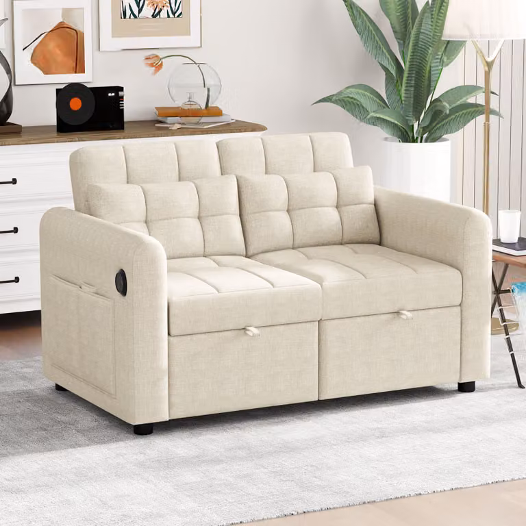 okwish divano letto，due posti，divano pieghevole，divano allungabile，adatto per due persone，divano multifunzionale，con schienale regolabile，tasche per braccioli，cuscini , Beige
