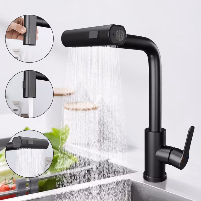 ZMH Rubinetto da cucina Rubinetto miscelatore da cucina nero a cascata Rubinetto lavello estraibile con miscelatore doccia Rubinetto lavello ruotabile a 360° Rubinetto in acciaio inox con 3 modalità di spruzzo Rubinetto da cucina