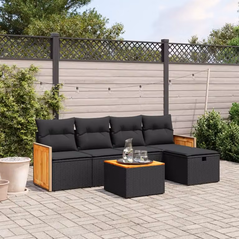 Set Divano da Giardino vidaXL 6 pz a L con Cuscini Nero in Polyrattan e Acciaio
