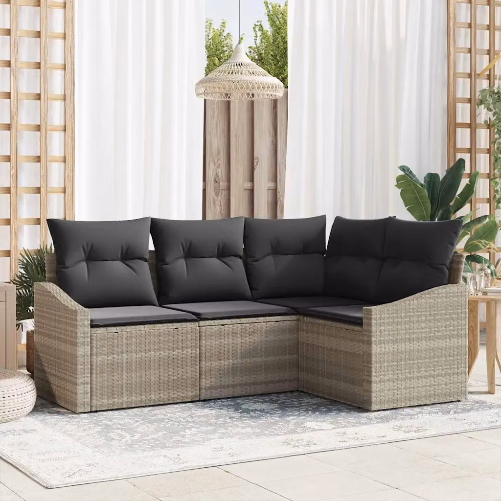 Set di divani da giardino vidaXL in polyrattan grigio con cuscini e tavolino da esterno a forma di L – 1