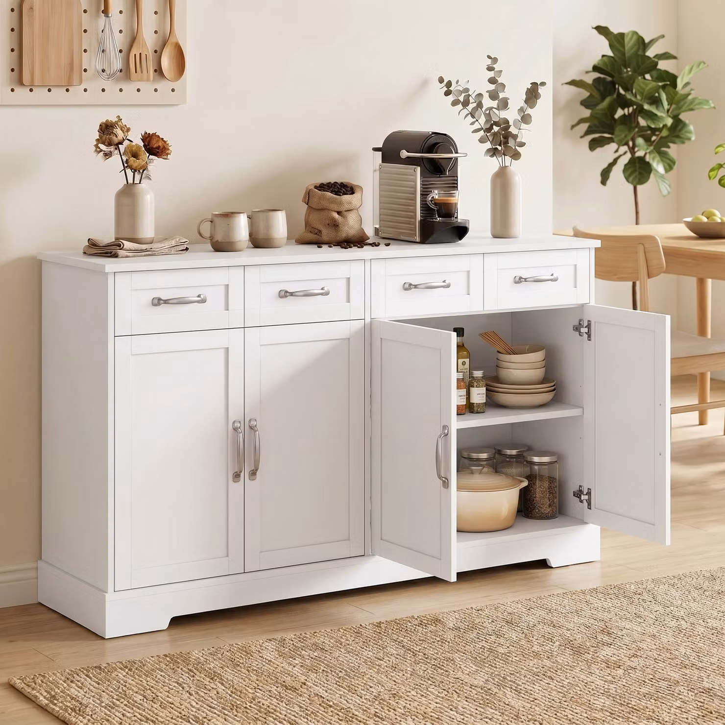 Credenza Buffet HOMCOM in Stile Country Moderno per Cucina e Sala da Pranzo, Bianco, Larghezza: 140 cm – 2