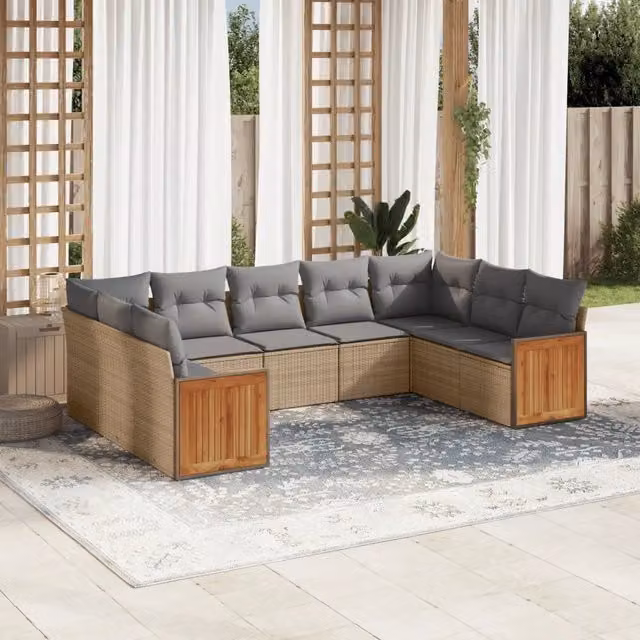 Set Divano da Giardino Moderno VIDAXL in Polyrattan con Cuscini Beige e Grigio, 9 Pezzi a Forma di L – 1