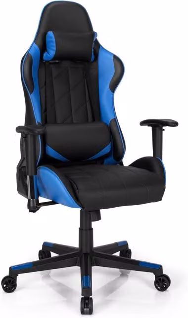 Sedia da gaming ergonomica Design Mania con poggiatesta e cuscino lombare, girevole a 360 gradi, nero e blu – 1