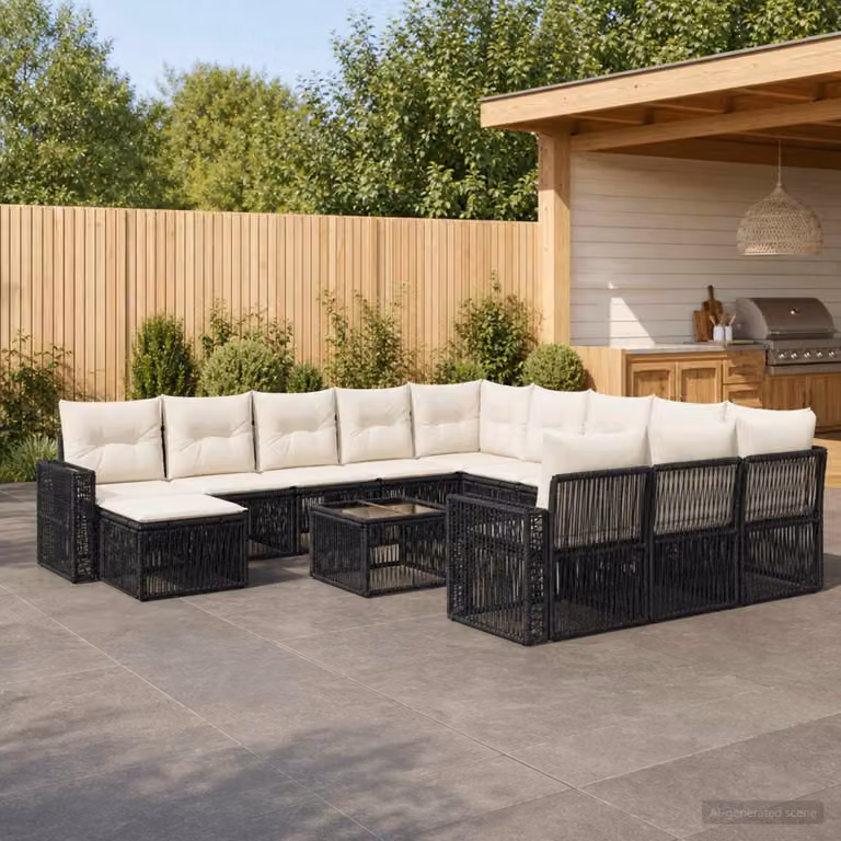 Set Divano da Giardino vidaXL 13 Pezzi a Forma di U in Polyrattan con Cuscini Nero e Bianco Crema