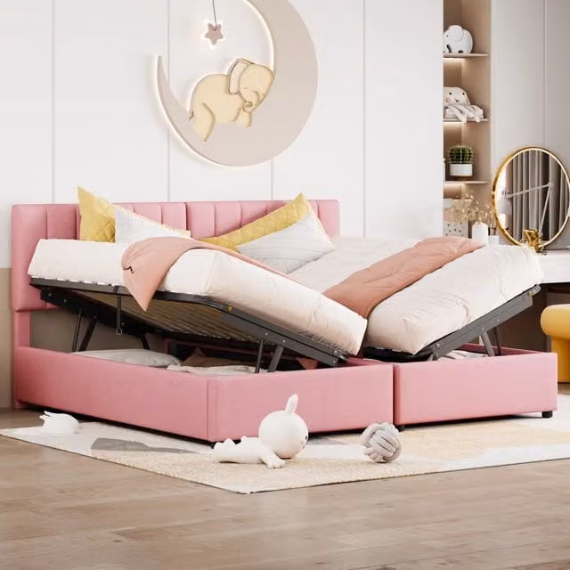 Letto contenitore matrimoniale 180 × 200 cm imbottito, divisibile in due singoli, vano idraulico, senza materasso, rosa