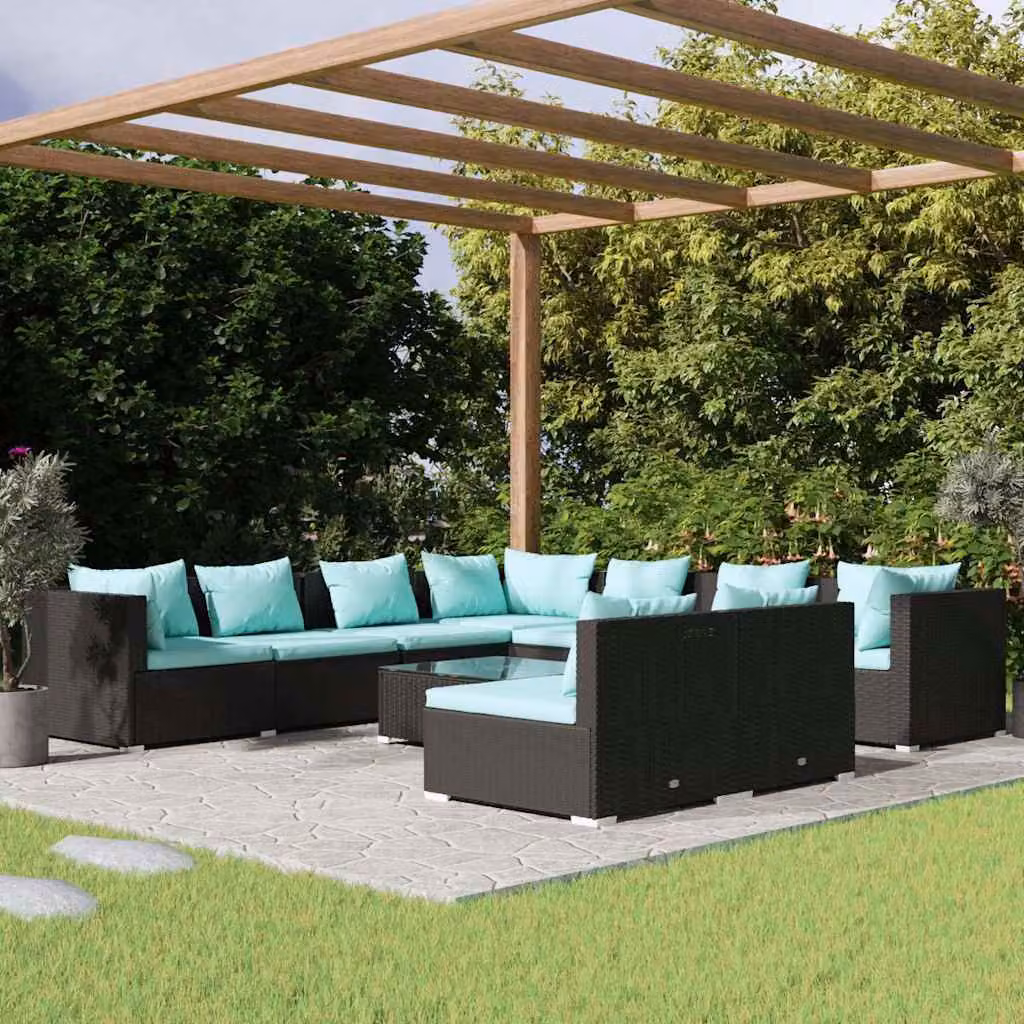 Set Salotto da Giardino vidaXL a Forma di U con Cuscini Blu e Nero e Tavolino da Caffè in Polyrattan e Acciaio