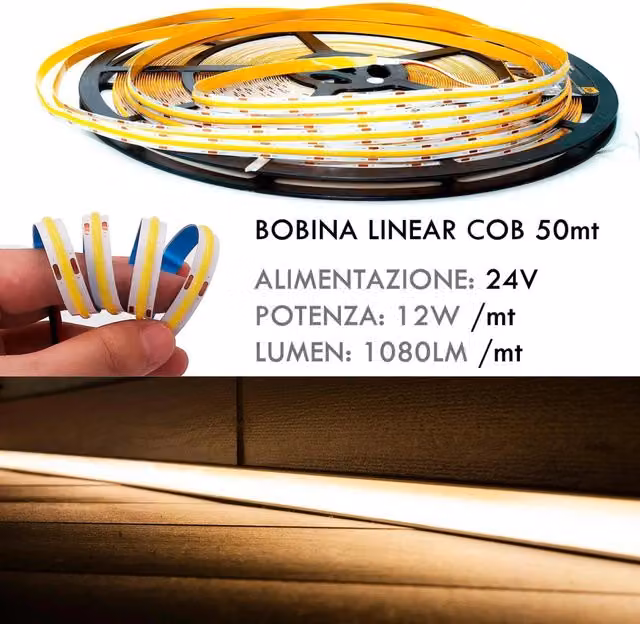 Striscia LED COB Flexible LINEAL Planetitaly 24V Luce Continua 12W/m 1080lm/m Bianco Freddo 6000K Bobina 50 metri con connettori – 1