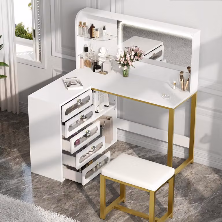 Comodino con sgabello, specchio HD e illuminazione LED regolabile, presa di corrente, 5 cassetti, bianco