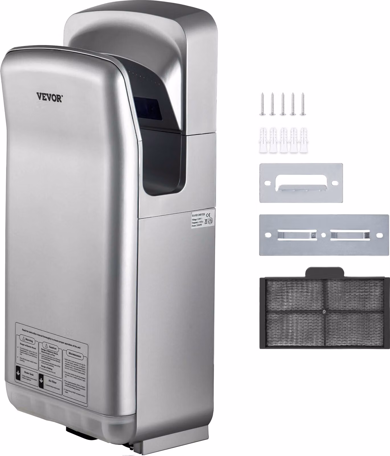 VEVOR asciugamani 2kW Asciugamani elettrico commerciale Filtro HEPA Asciugamani a parete Velocità dell'aria 100m/s Asciugamani 8 -10 secondi per asciugare Argento per aeroporti Uffici Scuole ecc.