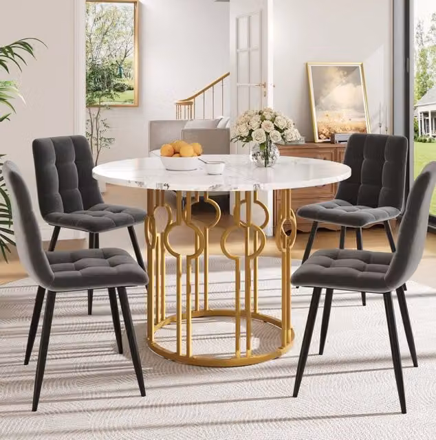 Set tavolo rotondo Ø100 cm con 4 sedie in velluto grigio