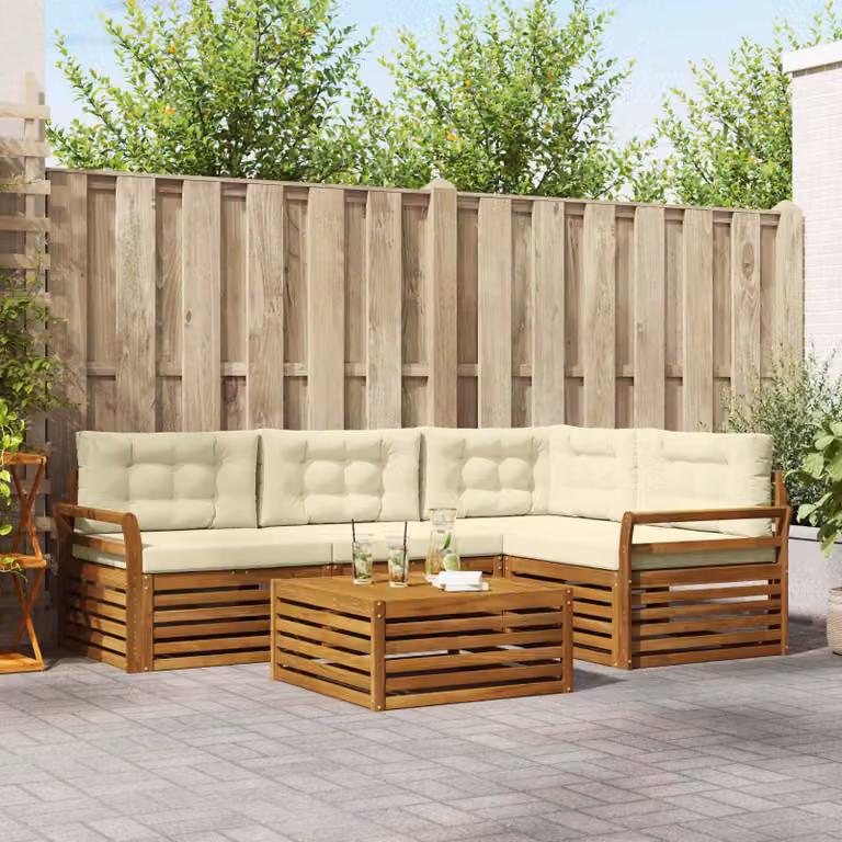 Set di divani da esterno vidaXL 5 pezzi in legno di acacia con tavolino e cuscini, colore naturale e crema
