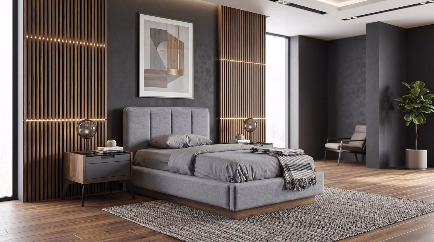 Camera da letto per ragazzi, letto contenitore elegante, grigio, comodini (2), design moderno