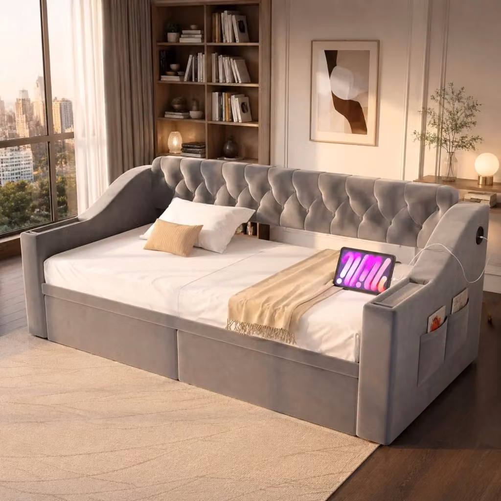 Divano letto MIVRAY moderno in velluto grigio con braccioli portaoggetti, ricarica USB e due cassetti, L/P/H: 90 x 190 cm – 2