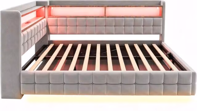 Letto matrimoniale contenitore moderno in tessuto grigio con vano idraulico, illuminazione LED, ripiani e porte USB e Type-C, L/P/H: 140 x 200 x 155,5 cm