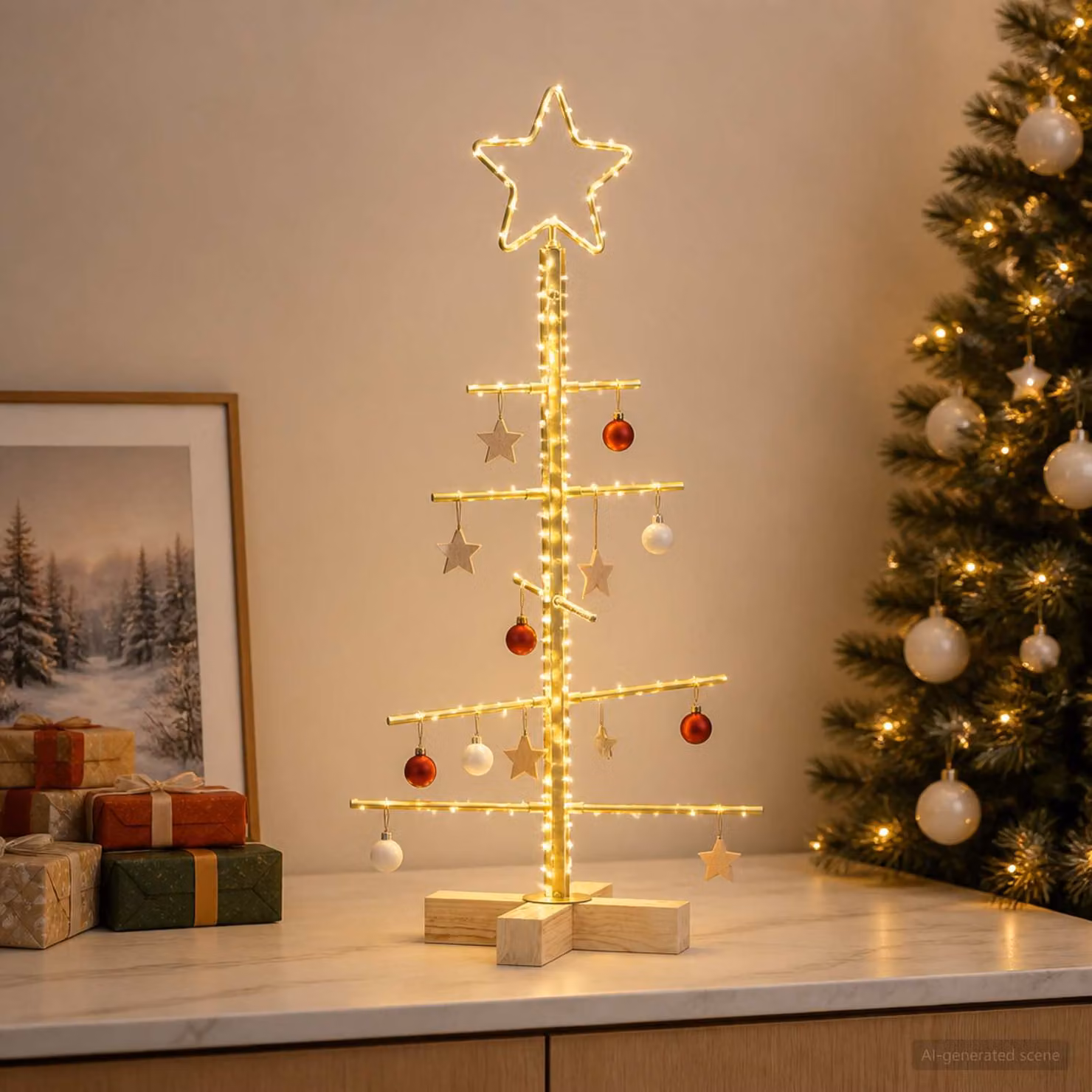 Albero di Natale da tavolo vidaXL KUOPIO in metallo e legno, colore oro, Altezza: 60 cm