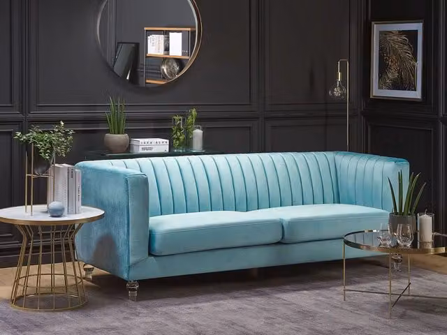 Divano a 3 posti Beliani in velluto azzurro stile glamour con struttura in legno L: 204 cm, P: 78 cm, H: 75 cm – 1