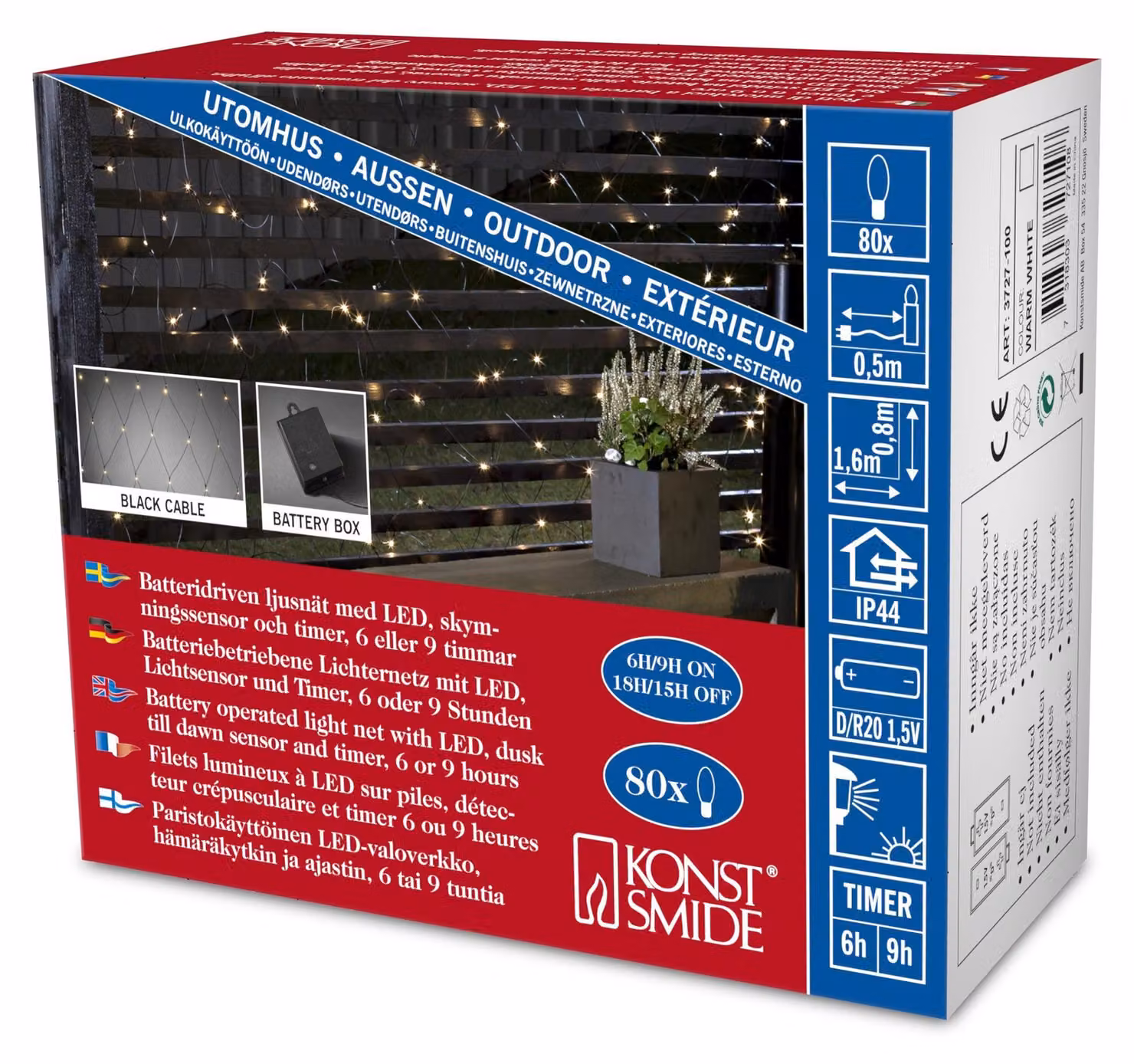 Catena luminosa a LED con 80 diodi bianchi caldi, grado di protezione IP44, timer e alimentazione a batteria