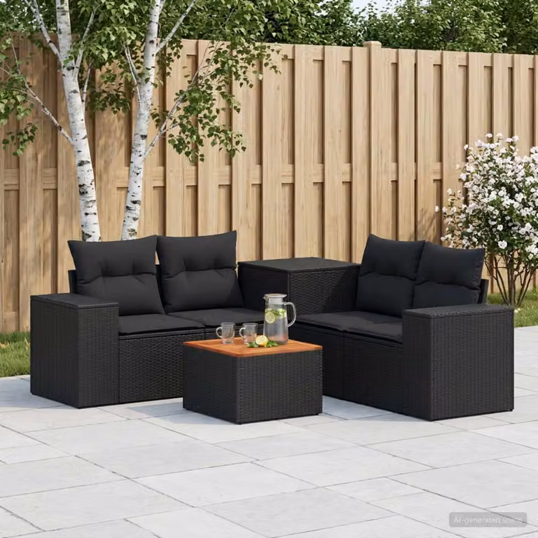 Set di divani da giardino vidaXL a forma di L in rattan sintetico nero con cuscini e tavolino da esterno