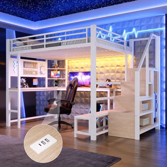 Letto a soppalco in metallo 140x200 cm, letto alto matrimoniale con scrivania, pannello forato, scala contenitore, prese USB/USB-C, ripiani e illuminazione LED, bianco