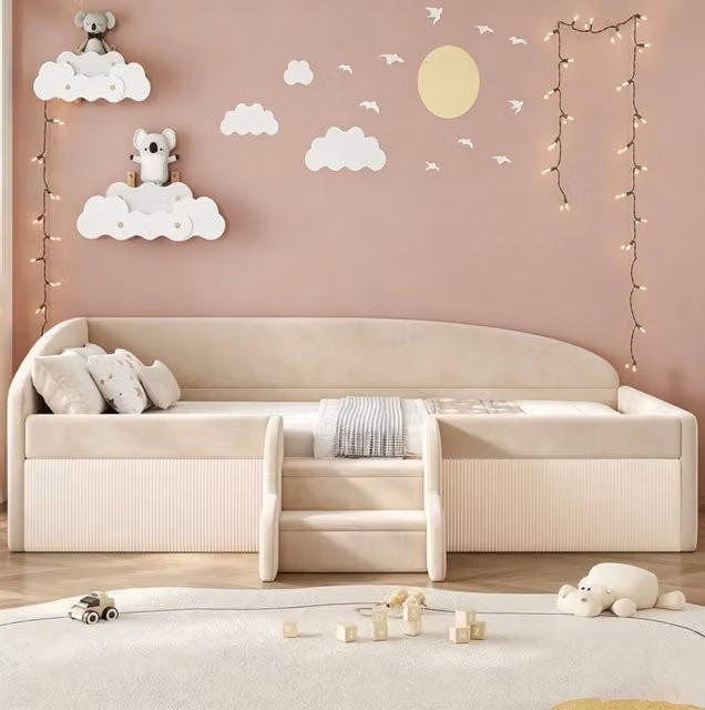 Letto imbottito per bambini 90 x 190 cm beige con gradini, sponde e rete a doghe