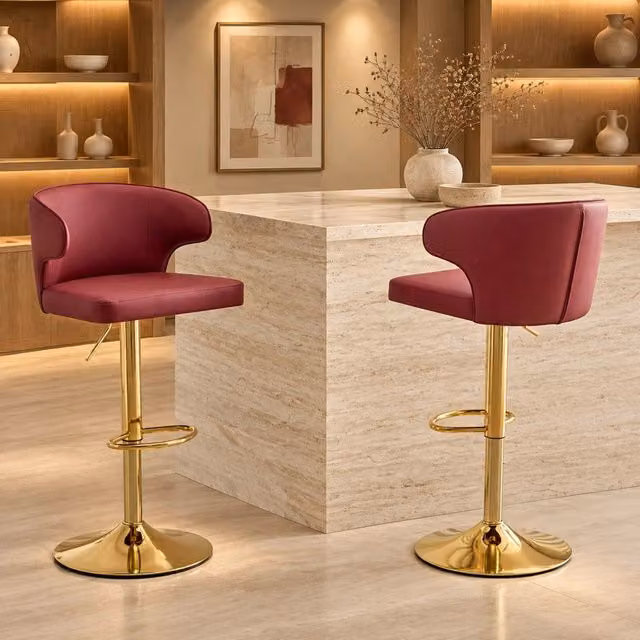 Set di 2 sgabelli da bar ULEVR rossi in PU, regolabili 85-110 cm, girevoli a 360¡ã con schienale e poggiapiedi