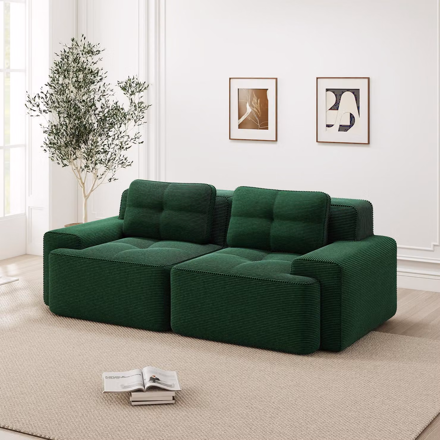 Divano modulare senza braccioli, modello Cord, con seduta profonda, divano a due posti, divano letto, design moderno (verde)