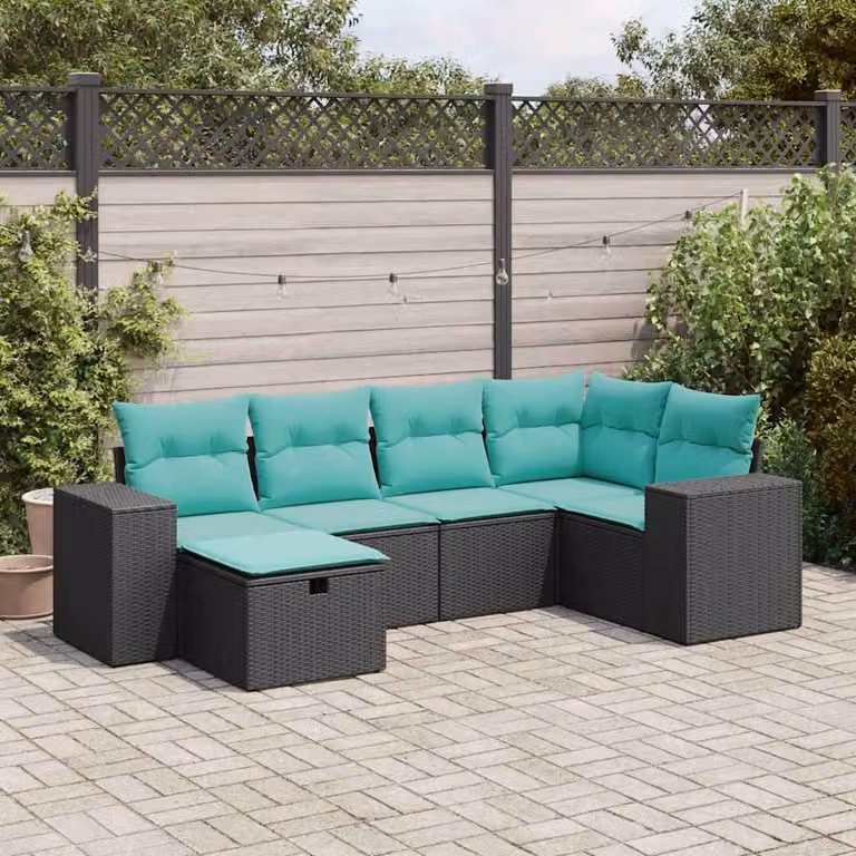 Set Divano da Giardino a L vidaXL in Polyrattan con 6 Cuscini Imbottiti e Struttura in Acciaio Nero
